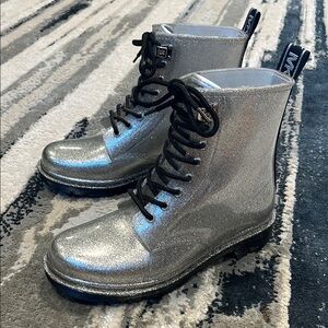 Michael Kors Silver Combat Boots with Glossy Finish